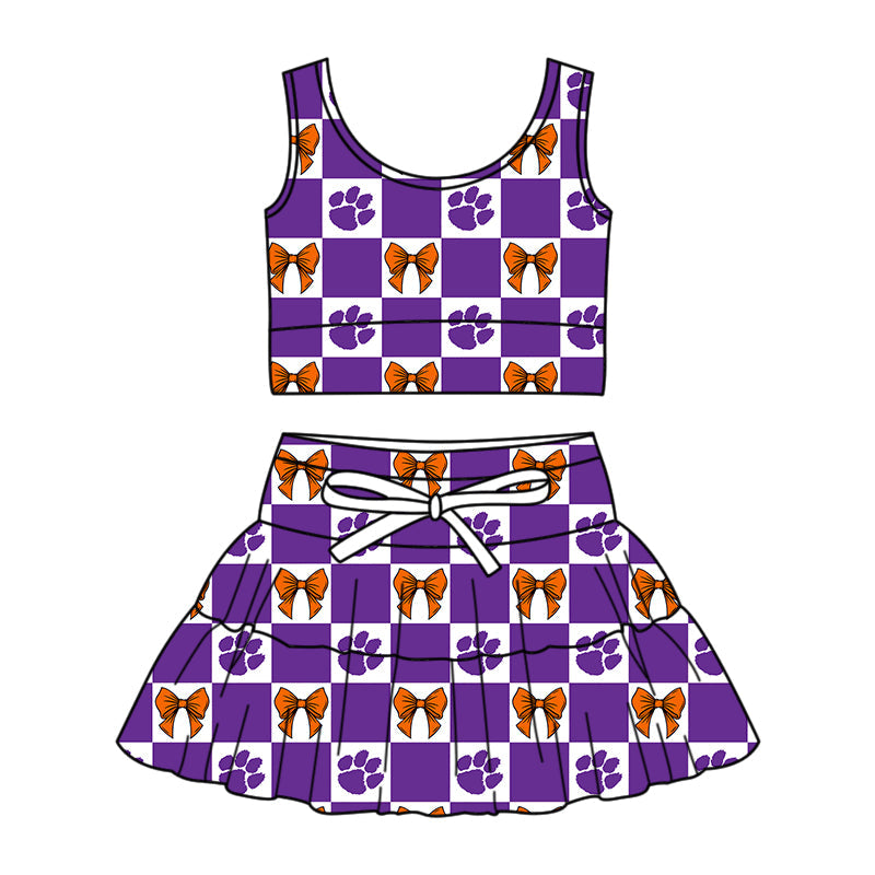 Preorder (moq 5)Baby Girls Purple Pawl Bows Checked Vests Skirt Short Team Clothes Sets