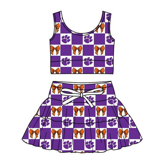 Preorder (moq 5)Baby Girls Purple Pawl Bows Checked Vests Skirt Short Team Clothes Sets