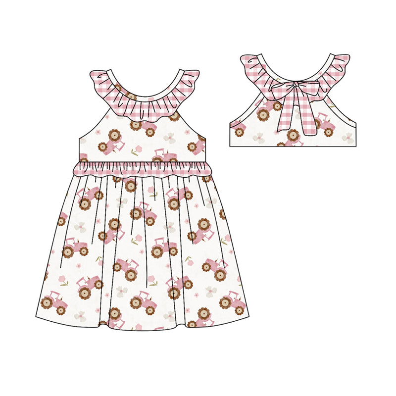 Preorder (moq 5)Baby Girls Pink Flowers Trucks Farm Knee Length Dresses