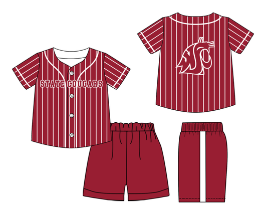 Preorder (moq 5)Baby Boys Red Stripe State Cougars Button Top Short Team Clothes Sets