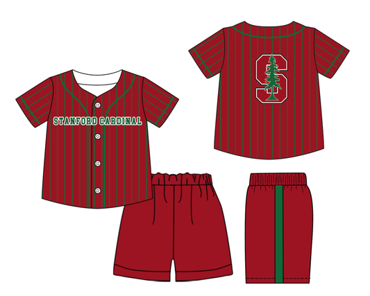 Preorder (moq 5)Baby Boys Green Stripe Stanford Cardinal Button Top Short Team Clothes Sets