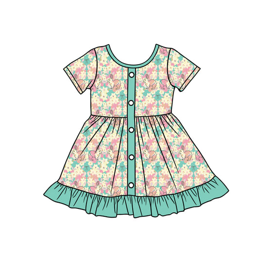 Preorder (moq 5)Baby Girls Flowers Rabbits Button Easter Ruffle Knee Length Dresses
