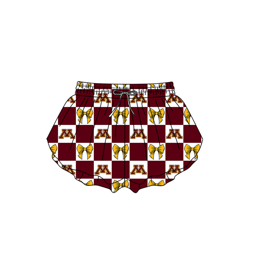 Preorder (moq 5)Baby Girls Red M Bows Checked Team Ruffle Shorts Bottom