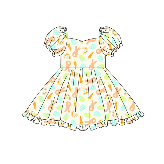 Preorder (moq 5)Baby Girls Carrot Rabbit Rainbows Easter Ruffle Knee Length Dresses