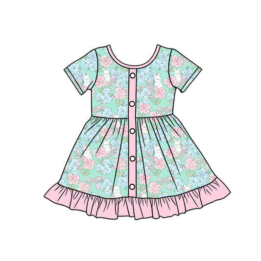 Preorder (moq 5)Baby Girls Flowers Rabbits Button Easter Ruffle Knee Length Dresses