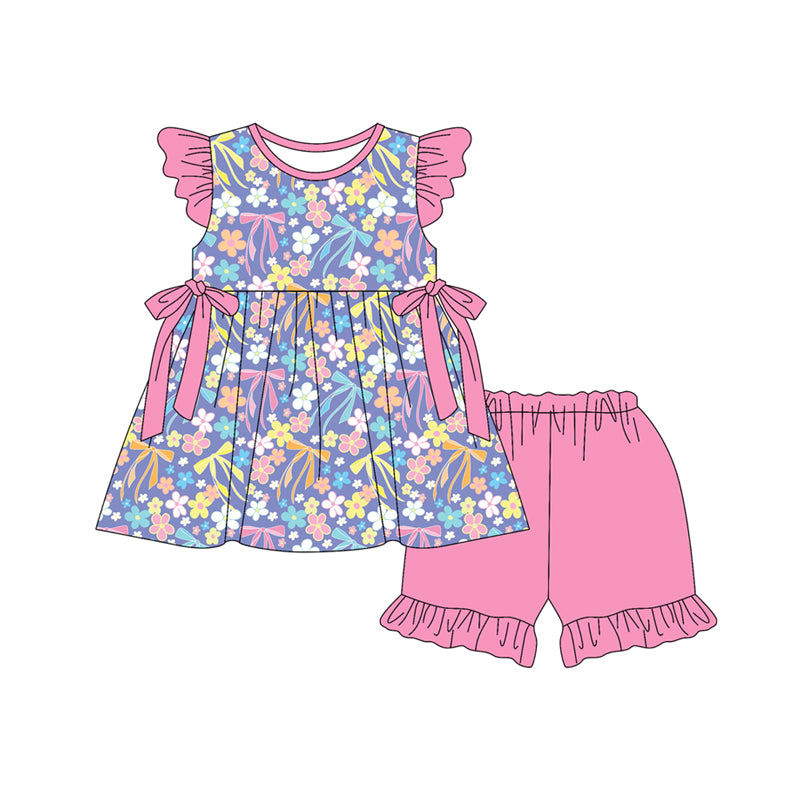Preorder (moq 5)Baby Girls Flutter Sleeve Flowers Bows Checked Tunic Ruffle Shorts Clothes Set