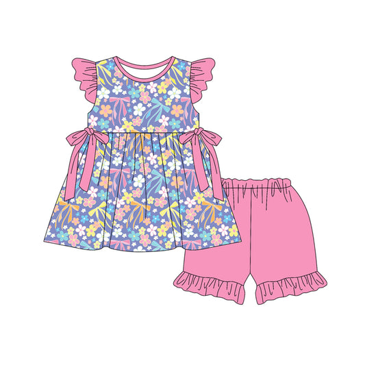 Preorder (moq 5)Baby Girls Flutter Sleeve Flowers Bows Checked Tunic Ruffle Shorts Clothes Set