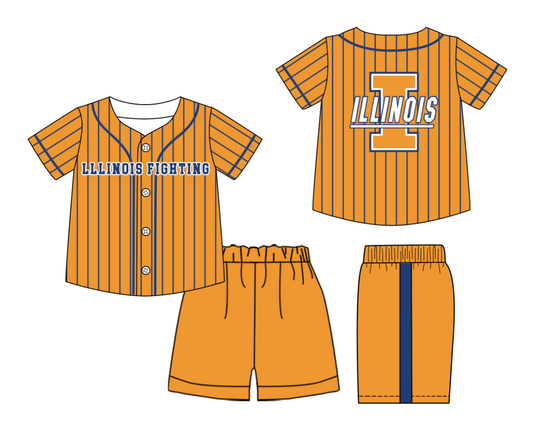 Preorder (moq 5)Baby Boys Navy Stripe Illinois Fighting Button Top Short Team Clothes Sets