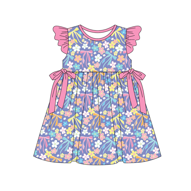 Preorder (moq 5)Baby Girls Flutter Sleeve Flowers Bows Knee Length Dresses