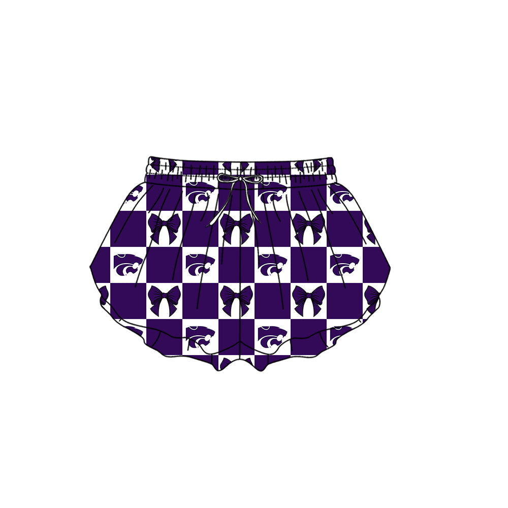 Preorder (moq 5)Baby Girls Purple Leopard Bows Checked Team Ruffle Shorts Bottom