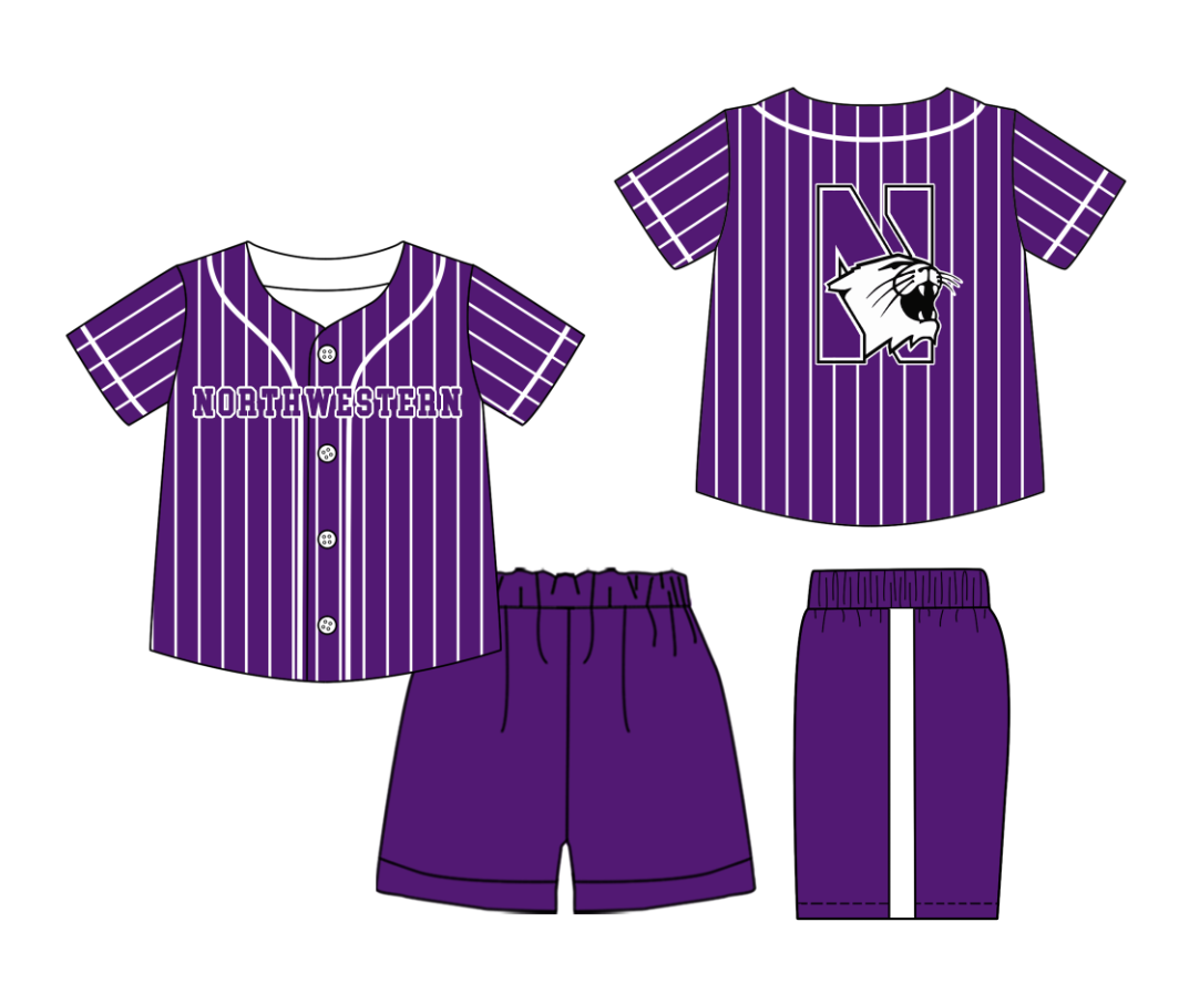 Preorder (moq 5)Baby Boys Purple Stripe Northwestern Button Top Short Team Clothes Sets