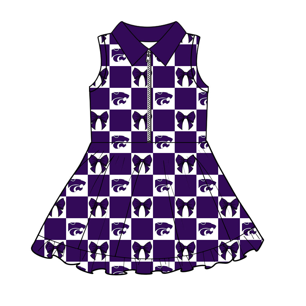 Preorder (moq 5)Baby Girls Purple Leopard Bows Checked Zip Short Team Knee Length Dress