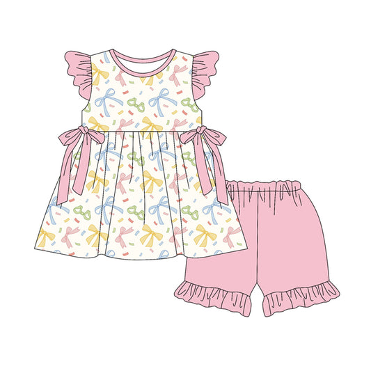Preorder (moq 5)Baby Girls Flutter Sleeve Colorful Bows Tunic Ruffle Shorts Clothes Set
