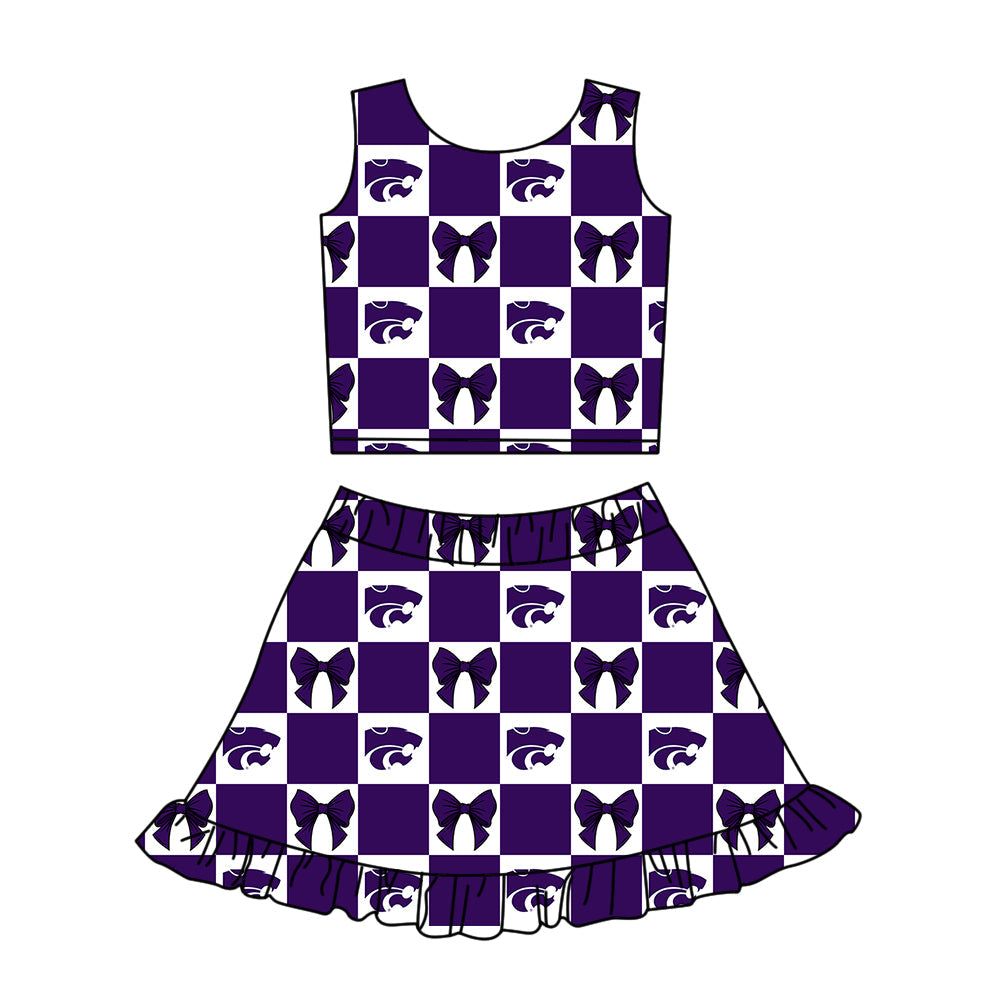 Preorder (moq 5)Baby Girls Purple Leopard Bows Checked Vest Ruffle Skirt Short Team Clothes Set