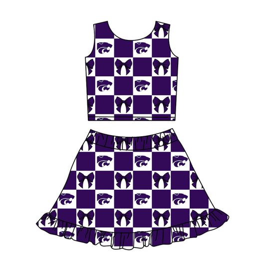 Preorder (moq 5)Baby Girls Purple Leopard Bows Checked Vest Ruffle Skirt Short Team Clothes Set