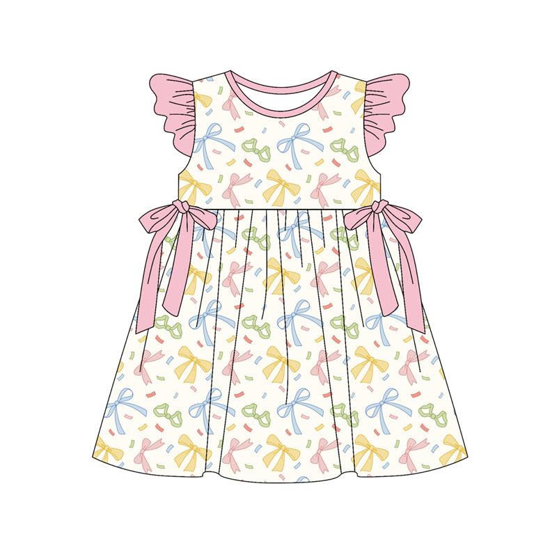 Preorder (moq 5)Baby Girls Flutter Sleeve Colorful Bows Knee Length Dresses