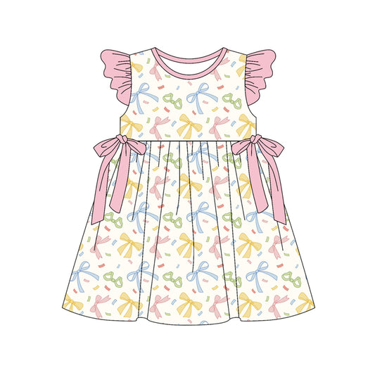 Preorder (moq 5)Baby Girls Flutter Sleeve Colorful Bows Knee Length Dresses