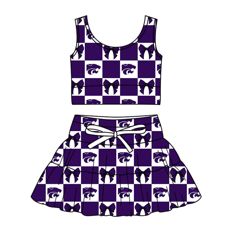 Preorder (moq 5)Baby Girls Purple Leopard Bows Checked Vest Skirt Short Team Clothes Set