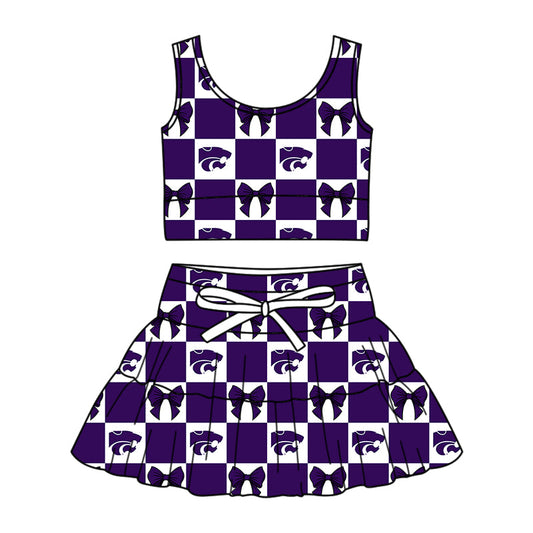 Preorder (moq 5)Baby Girls Purple Leopard Bows Checked Vest Skirt Short Team Clothes Set