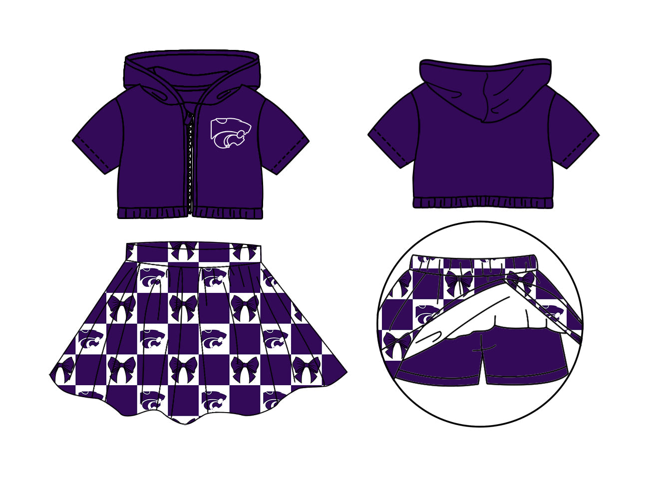 Preorder (moq 5)Baby Girls Purple Leopard Bows Zip Hoodie Jackets Skirt Short Team Clothes Set