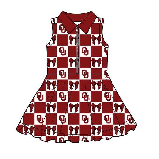 Preorder (moq 5)Baby Girls Red OU Bows Checked Zipper Short Team Knee Length Dresses