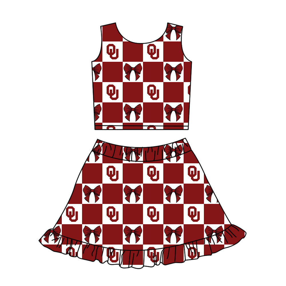 Preorder (moq 5)Baby Girls Red OU Bows Checked Vest Ruffle Skirt Short Team Clothes Sets