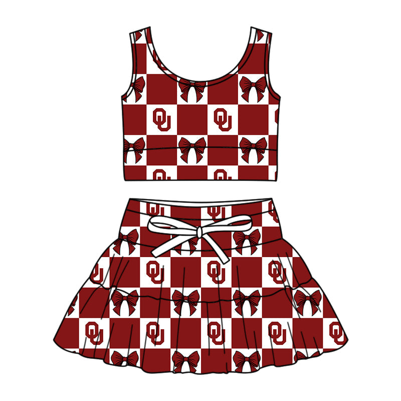 Preorder (moq 5)Baby Girls Red OU Bows Checked Vests Top Skirt Short Team Clothes Sets