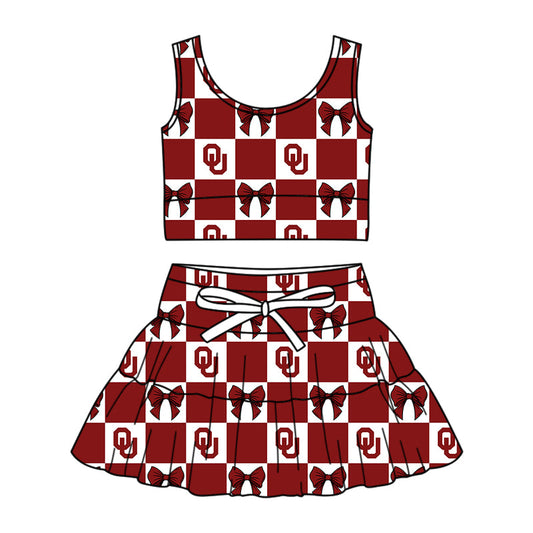 Preorder (moq 5)Baby Girls Red OU Bows Checked Vests Top Skirt Short Team Clothes Sets