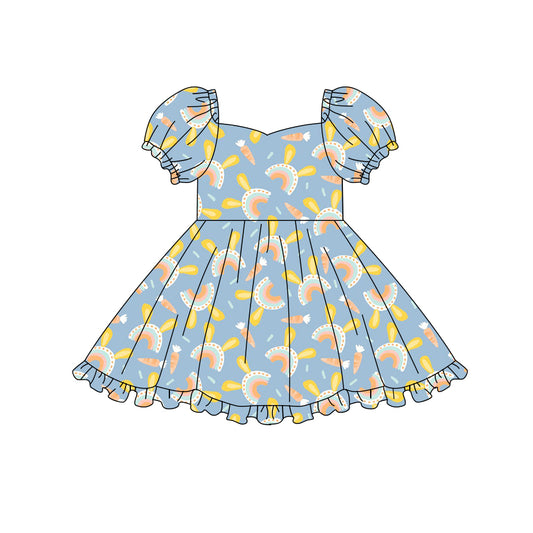 Preorder (moq 5)Baby Girls Carrot Rabbit Rainbows Easter Ruffle Knee Length Dresses