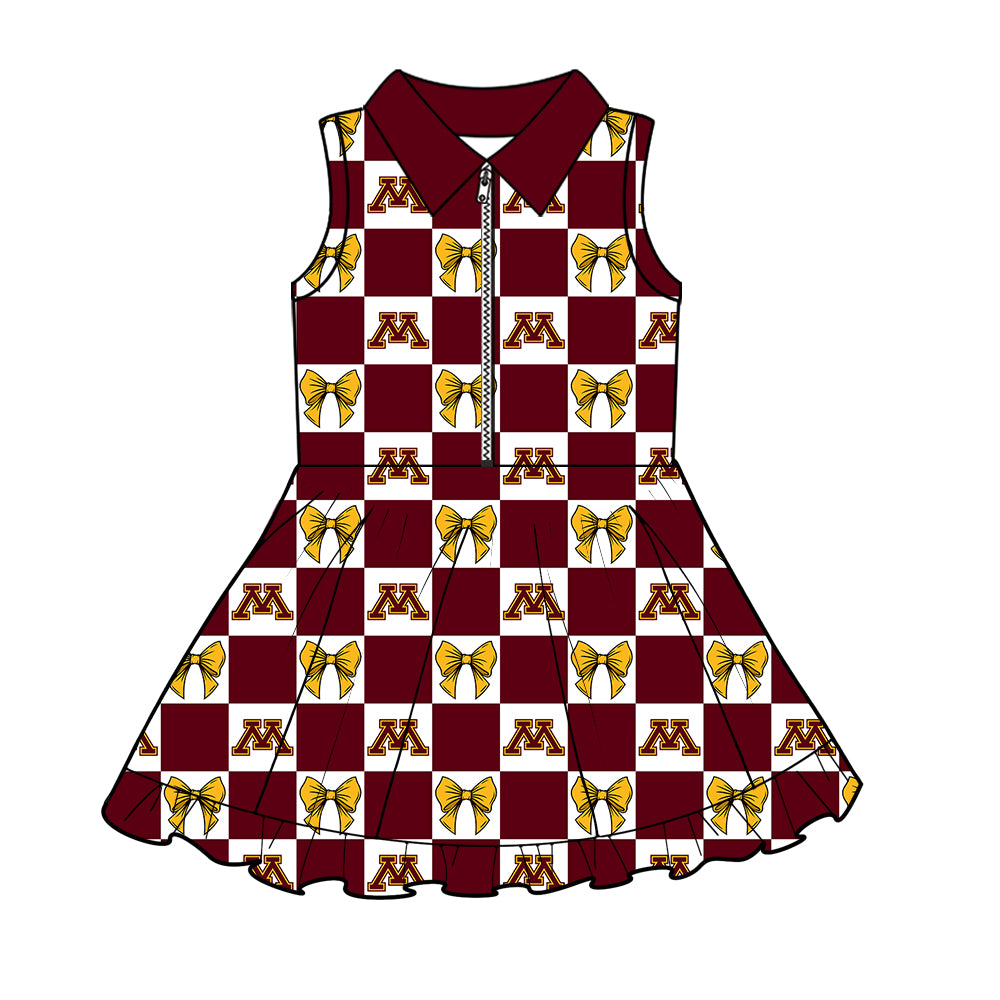 Preorder (moq 5)Baby Girls Red M Bows Checked Zipper Shorts Team Knee Length Dresses