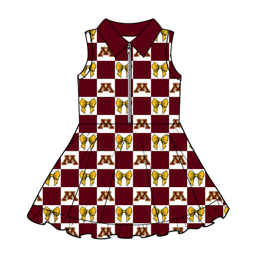 Preorder (moq 5)Baby Girls Red M Bows Checked Zipper Shorts Team Knee Length Dresses