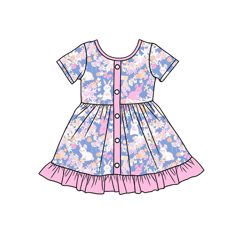 Preorder (moq 5)Baby Girls Flowers Rabbits Button Easter Ruffle Knee Length Dresses