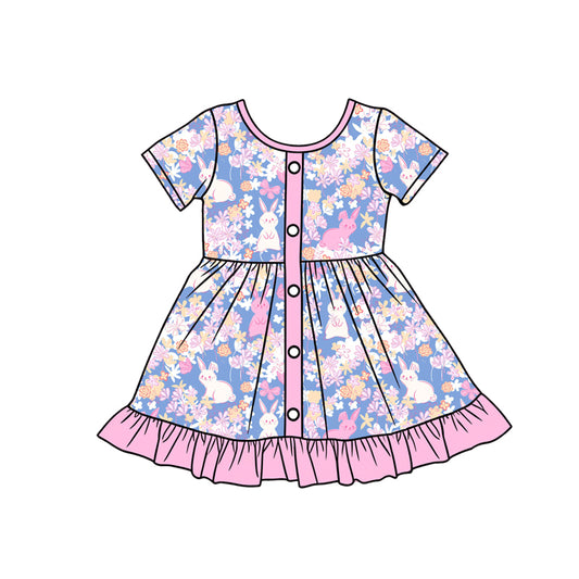 Preorder (moq 5)Baby Girls Flowers Rabbits Button Easter Ruffle Knee Length Dresses