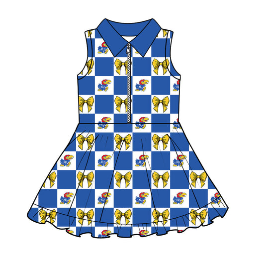 Preorder (moq 5)Baby Girls Blue KU Bows Checked Zipper Short Team Knee Length Dresses