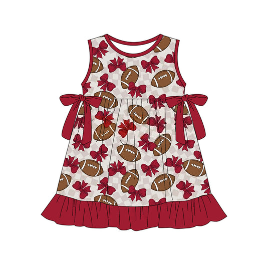 Preorder (moq 5)Baby Girls Bow Footballs Checked Team Ruffle Knee Length Dresses