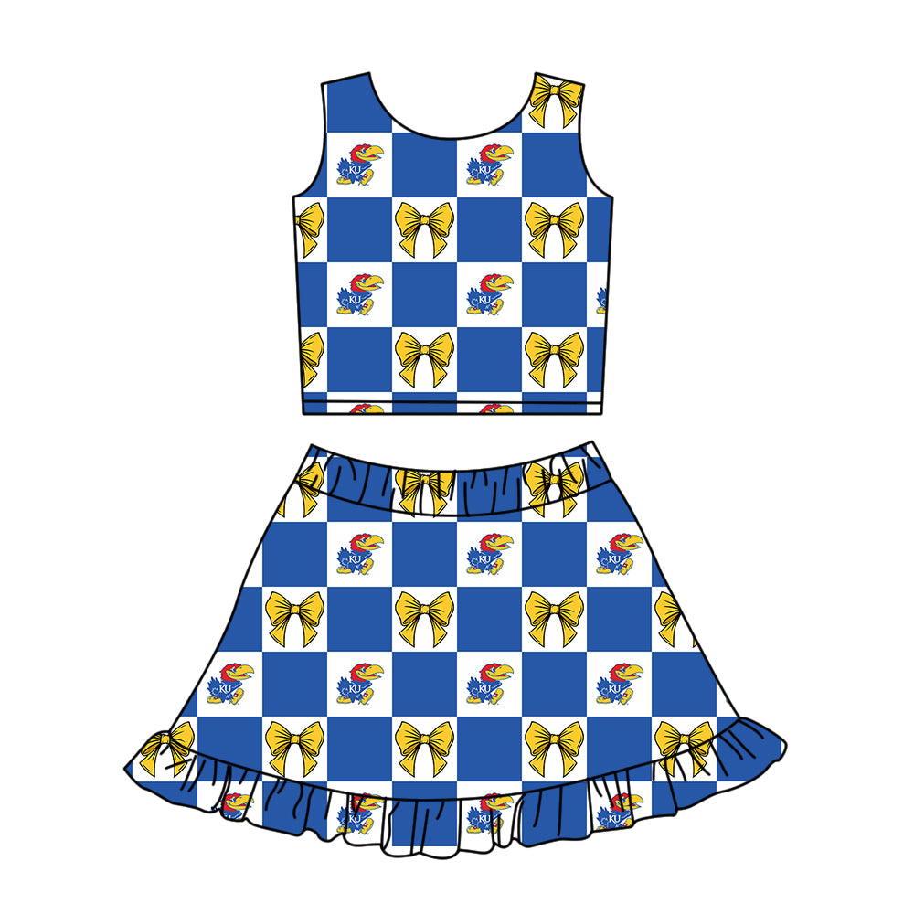 Preorder (moq 5)Baby Girls Blue KU Bows Checked Vest Ruffle Skirt Short Team Clothes Sets