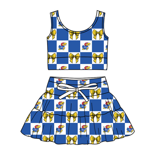 Preorder (moq 5)Baby Girls Blue KU Bows Checked Vest Top Skirt Short Team Clothes Sets