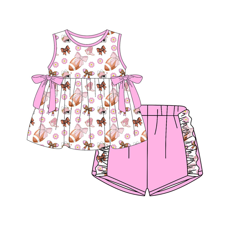 Preorder (moq 5)Baby Girls Flower Footballs Bows Tunic Ruffle Shorts Team Clothes Set