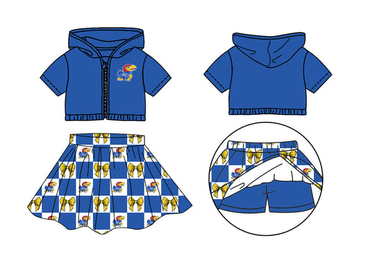 Preorder (moq 5)Baby Girls Blue KU Bows Zip Hoodie Jackets Skirt Short Team Clothes Sets