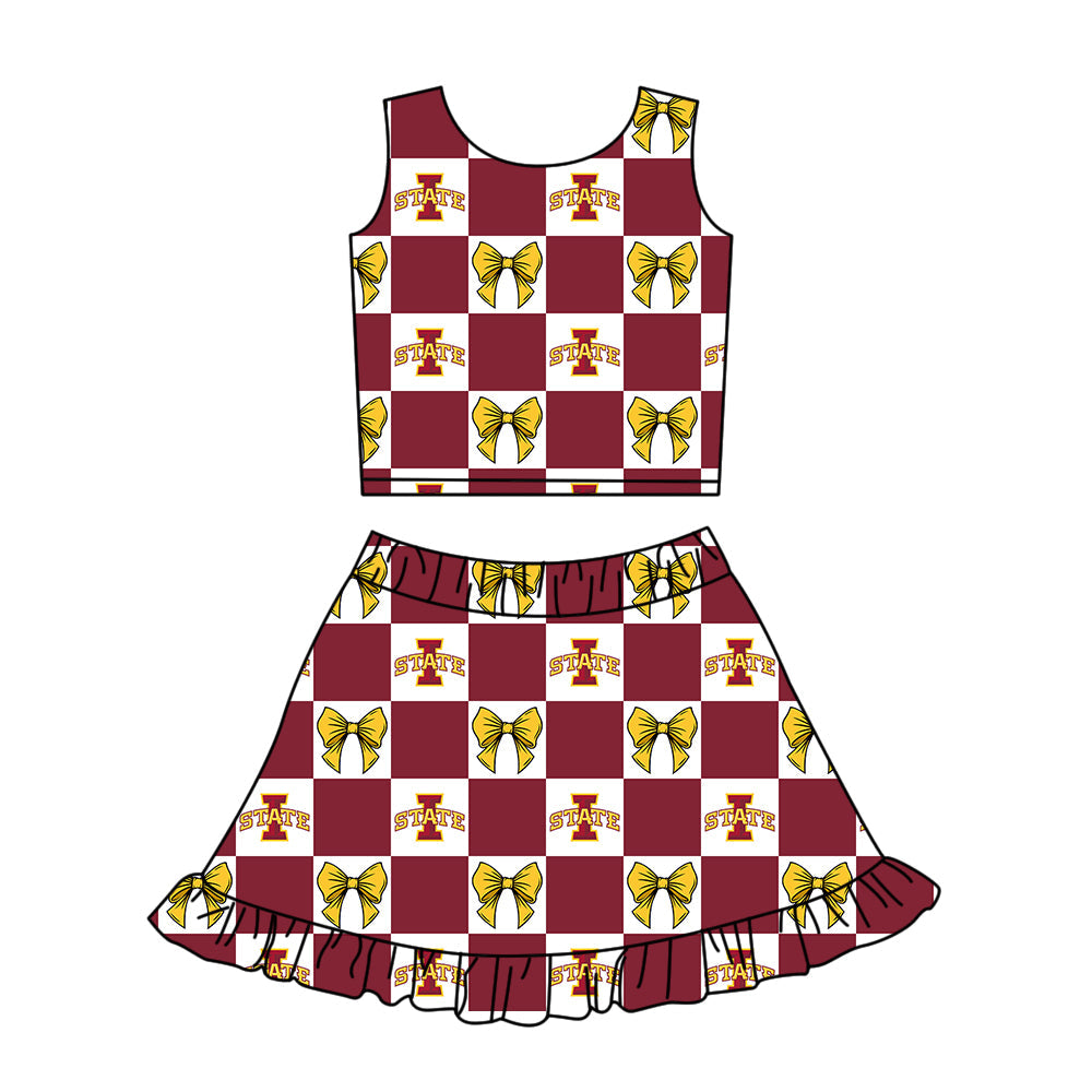Preorder (moq 5)Baby Girls I State Bows Checked Vest Ruffle Skirt Short Team Clothes Sets
