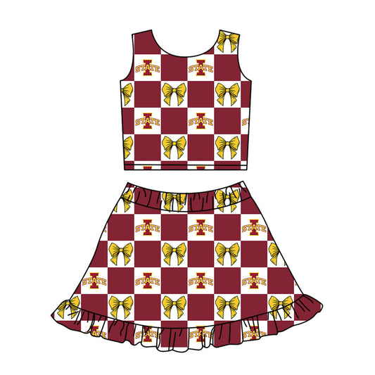 Preorder (moq 5)Baby Girls I State Bows Checked Vest Ruffle Skirt Short Team Clothes Sets