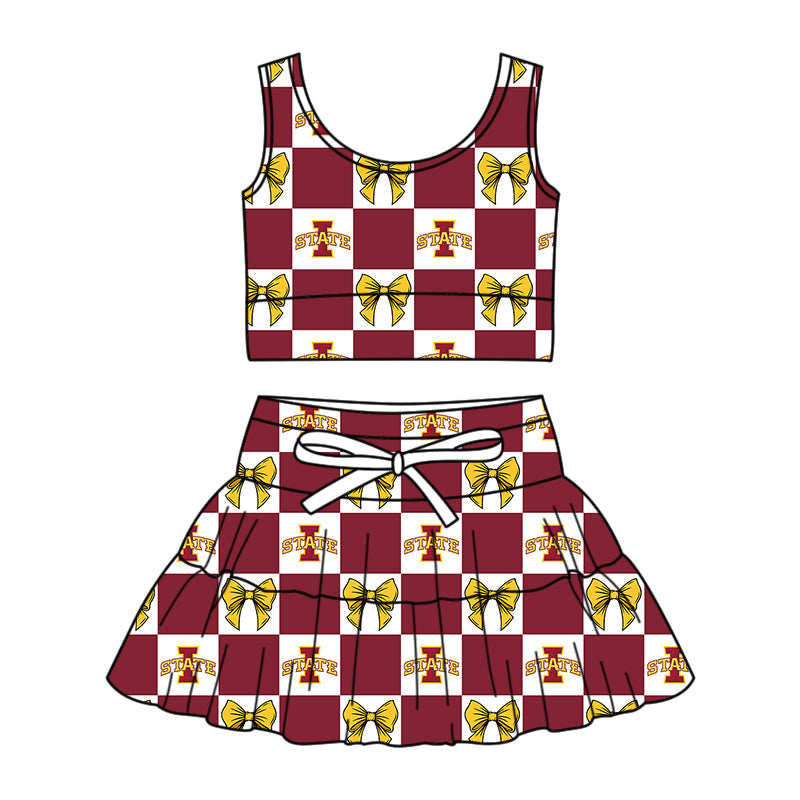 Preorder (moq 5)Baby Girls I State Bows Checked Vests Top Skirt Short Team Clothes Sets