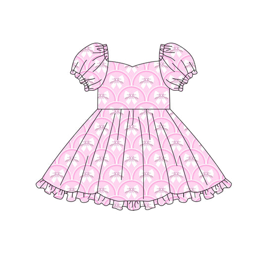 Preorder (moq 5)Baby Girls Short Sleeve Pink Bows Checked Ruffle Knee Length Dresses