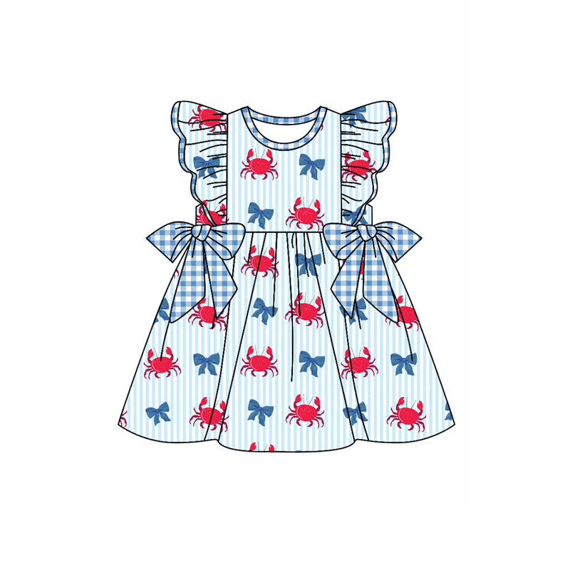 Preorder (moq 5)Baby Girls Crabs Bows Stripe 4th of July Knee Length Dresses