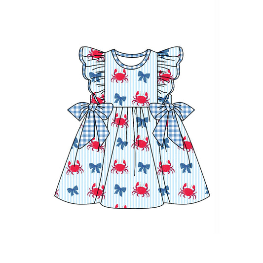 Preorder (moq 5)Baby Girls Crabs Bows Stripe 4th of July Knee Length Dresses