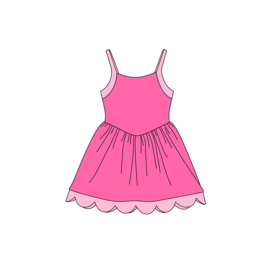 Preorder (moq 5)Baby Girls Strap Pink Scallop Shorts Knee Length Dresses