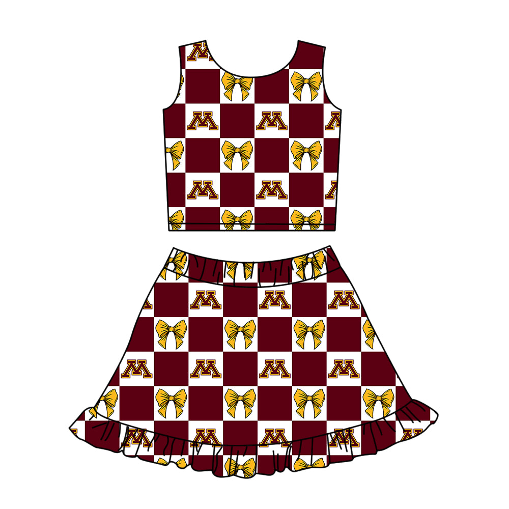 Preorder (moq 5)Baby Girls Red M Bows Checked Vest Ruffle Skirt Short Team Clothes Sets