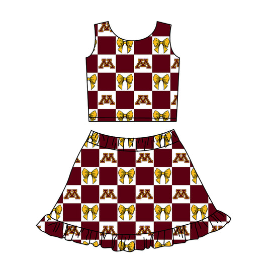 Preorder (moq 5)Baby Girls Red M Bows Checked Vest Ruffle Skirt Short Team Clothes Sets