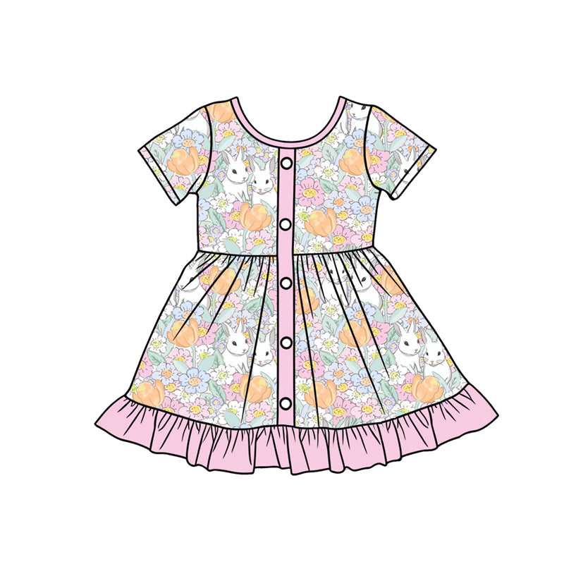Preorder (moq 5)Baby Girls Flowers Rabbits Button Easter Ruffle Knee Length Dresses