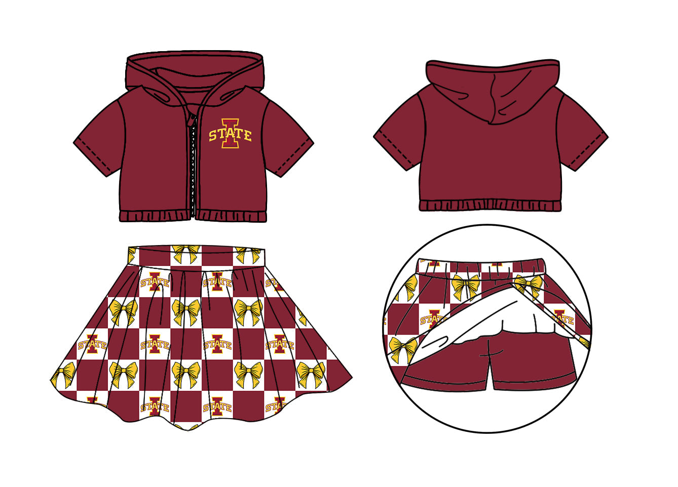 Preorder (moq 5)Baby Girls I State Bows Zip Hoodie Jackets Skirt Short Team Clothes Sets